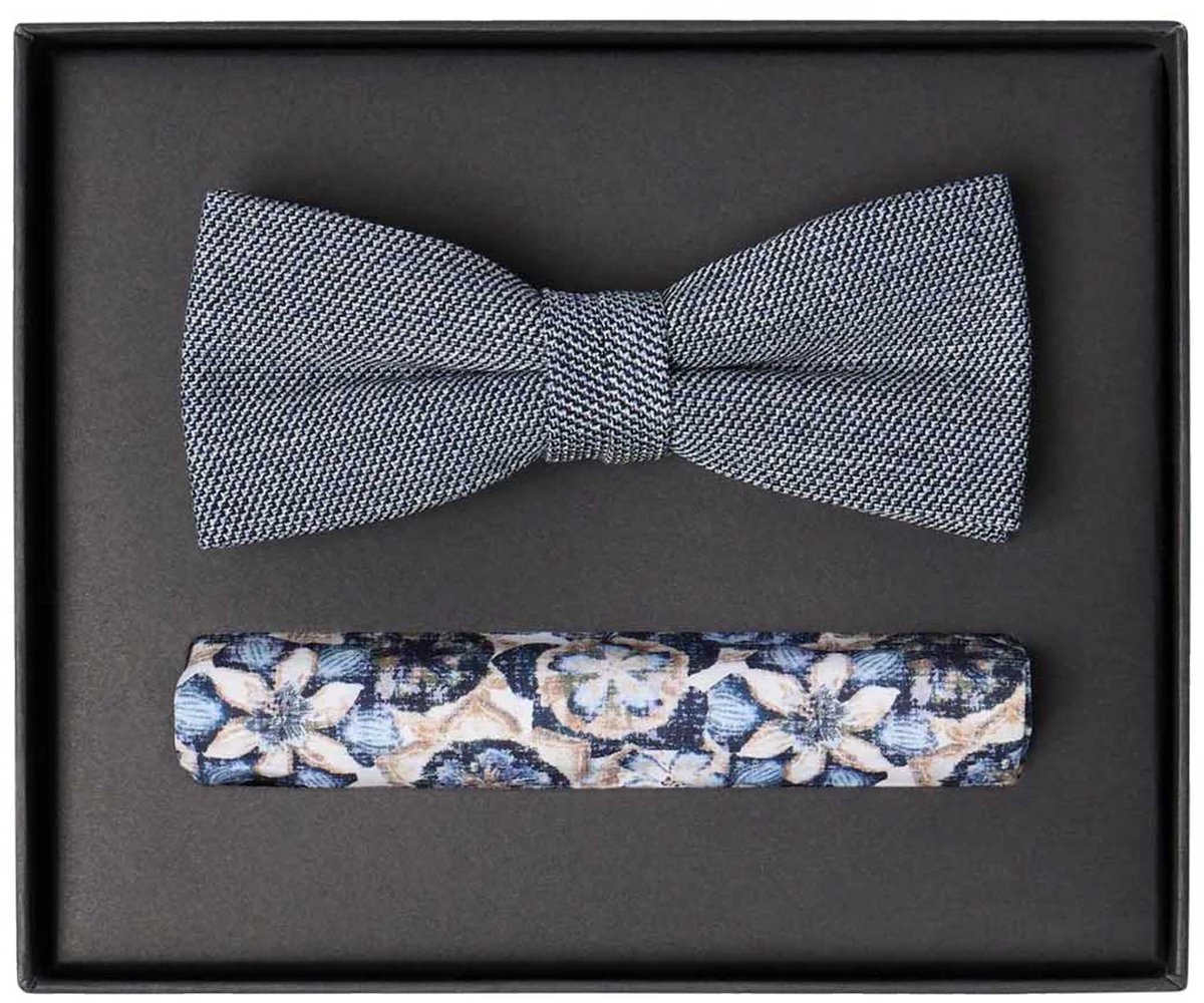 VENTI set met vlinderdas en pochet - blauw - wit - donkerblauw - beige dessin