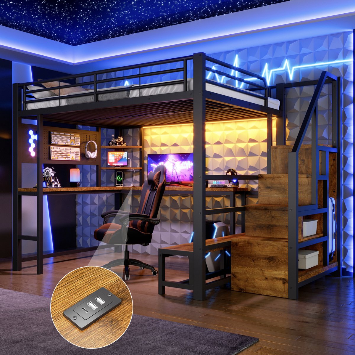 REDOM - Stapelbed - 140 x 200 cm slaapgedeelte - Met bureau, lochwand en opbergladder - LED-verlichting en USB- en USB-C-aansluiting - Kinderkamer - Metaal en MDF - Zwart - 255 x 145,5 x 170 cm