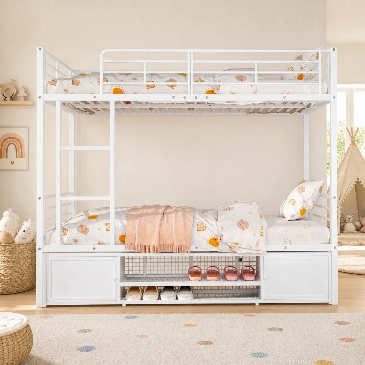 COVREO Stapelbed met ladder en veiligheidshek – 205x95x156,5 cm – Metalen kinderbed met opbergruimte – voor kinderen – Wit - zonder matras
