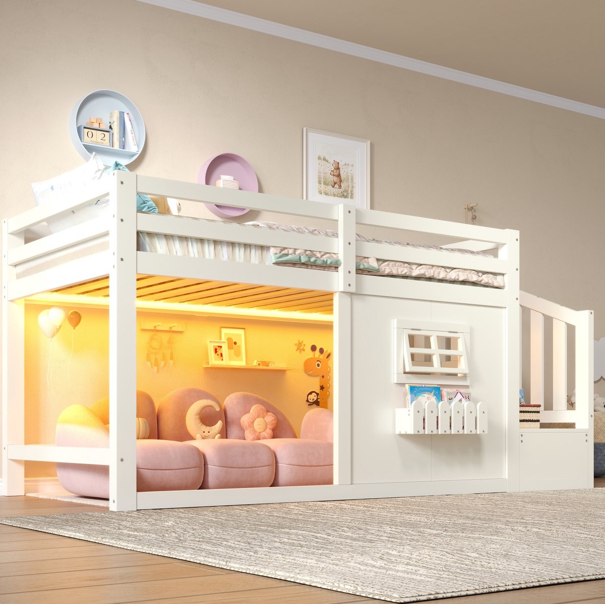 REDOM Hoogslaper - Robuust frame van hout en MDF - Ingebouwde opslagtrap - LED-lichtleiste - Speelhuis met raam - Kinderkamer - Wit - 253 x 95 x 128 cm
