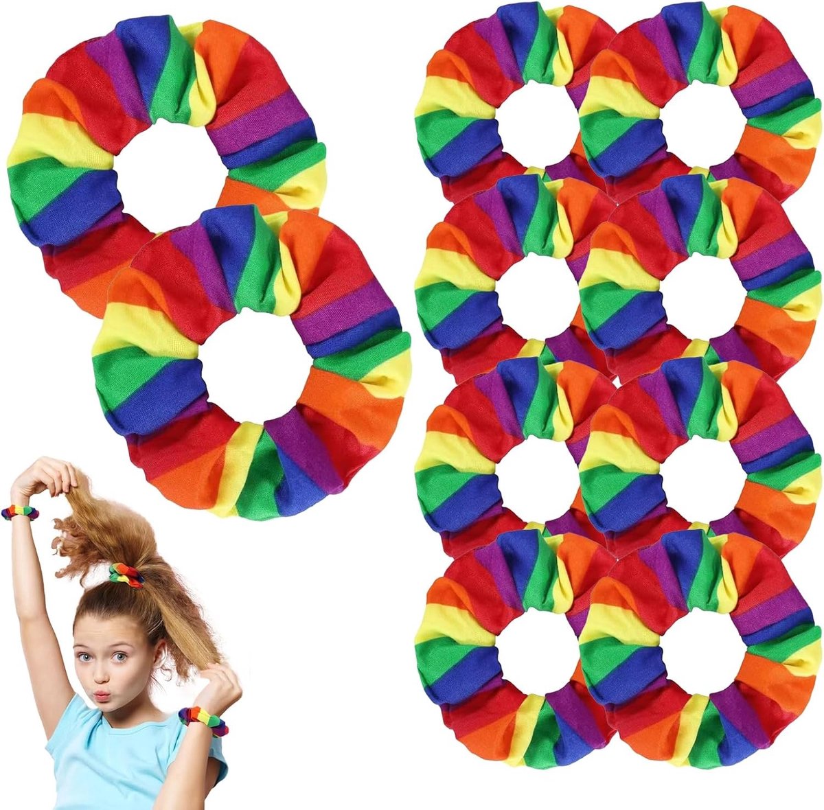 Kleurige Regenboog Haar Scrunchies - 10 Stuks Elastische Haarbanden voor Dames - Ideaal voor LGBT Evenementen, Feestjes en Dagelijks Gebruik