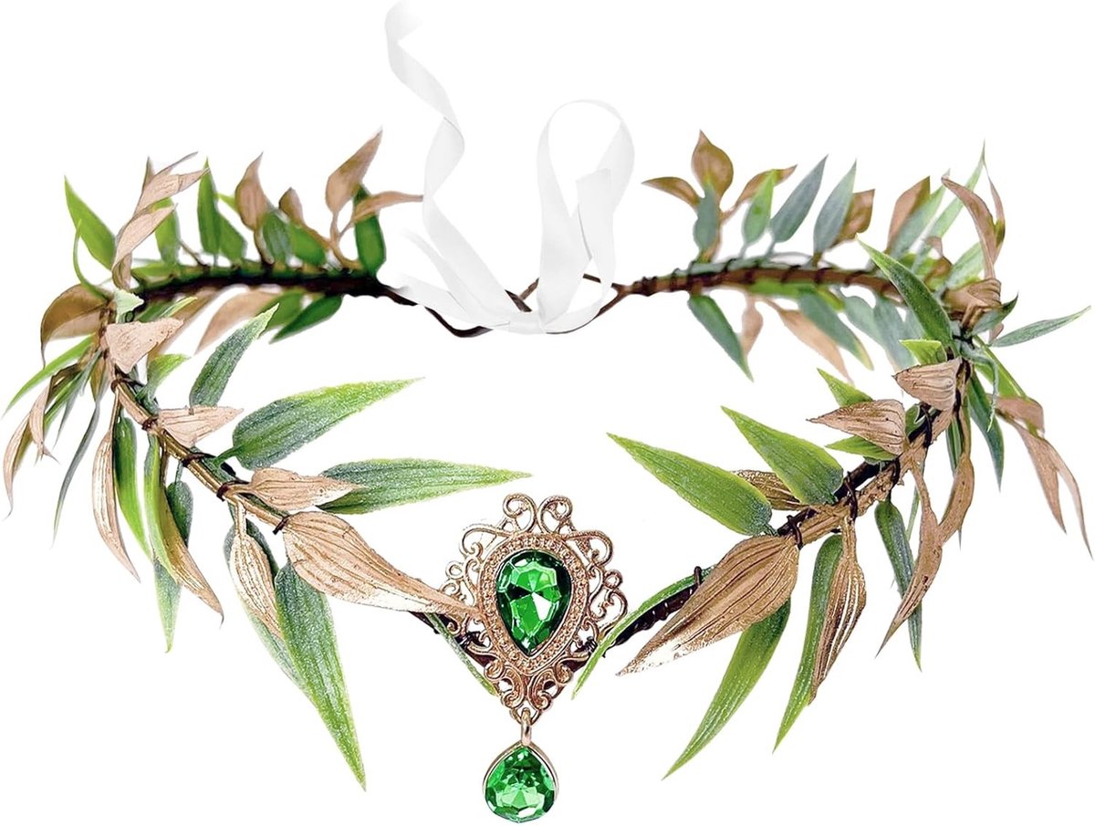 Handgemaakte Bloemen Haarband met Bladeren en Edelstenen voor Feeën Kostuum en Carnaval Cosplay in Barokstijl met Groene en Gouden Accenten