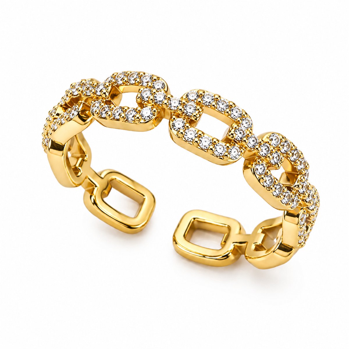 Matthew Studio® Dames Schakelring met Zirkonia - Ring - RVS - Goudkleurig - Verstelbaar