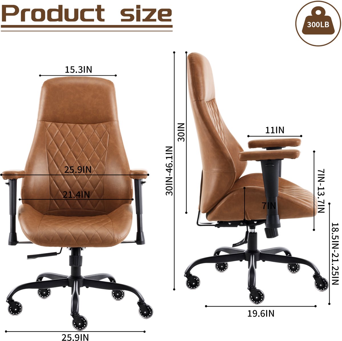 REDOM - Bureaustoel - Ergonomische hoge rugleuning - Verstelbare armleuningen en kantelbare rugleuning - Moderne stijl - Bureau en thuiswerk - Kunstleer - Bruin - 50 x 50 x 117 cm thumbnail 2