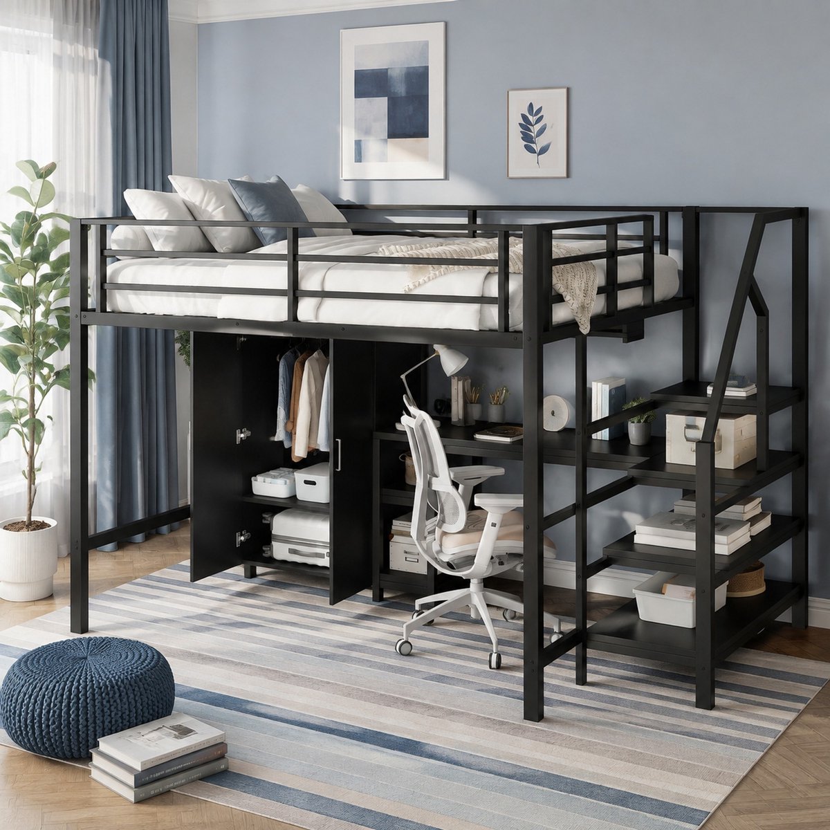 COVREO Hoogslaper met kast – 255x145x160 cm – Kinderbed met bureau en trap – Slaapmeubel voor kinderkamer – Zwart - zonder matras