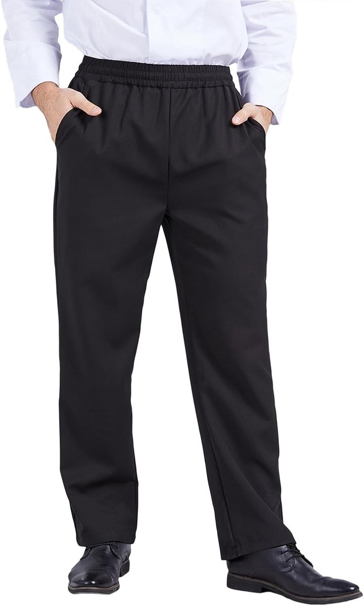 Comfortabele zwarte chef pants met elastische taille en trekkoord voor heren, ideaal voor de horeca en koks
