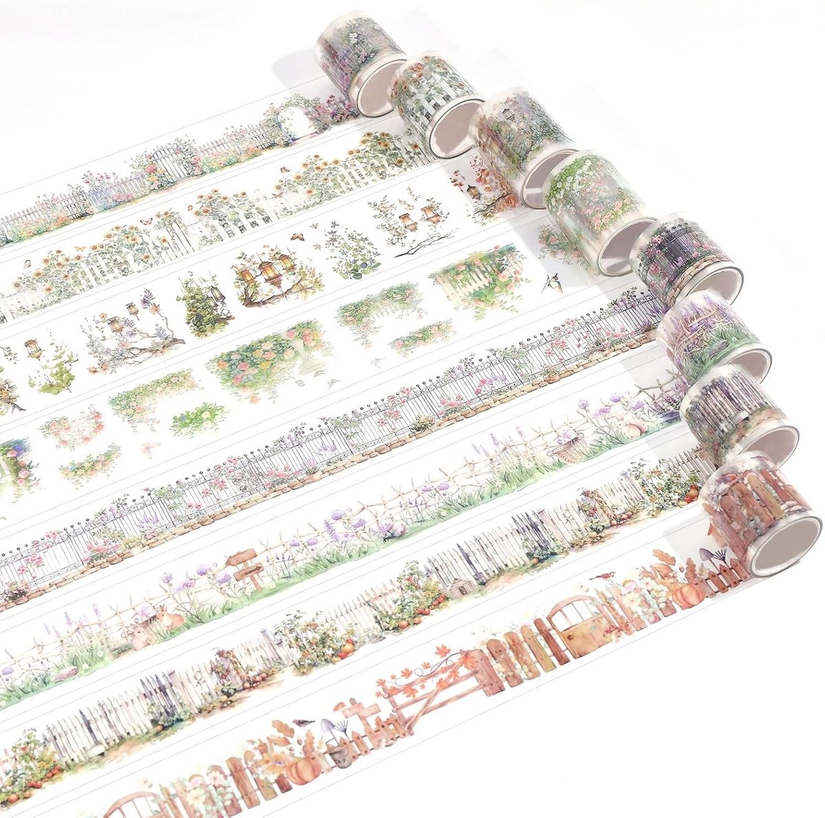 Set van 8 zelfklevende transparante plakbanden met bloemenpatroon voor scrapbooking, knutselen, notitieboeken en cadeauverpakkingen