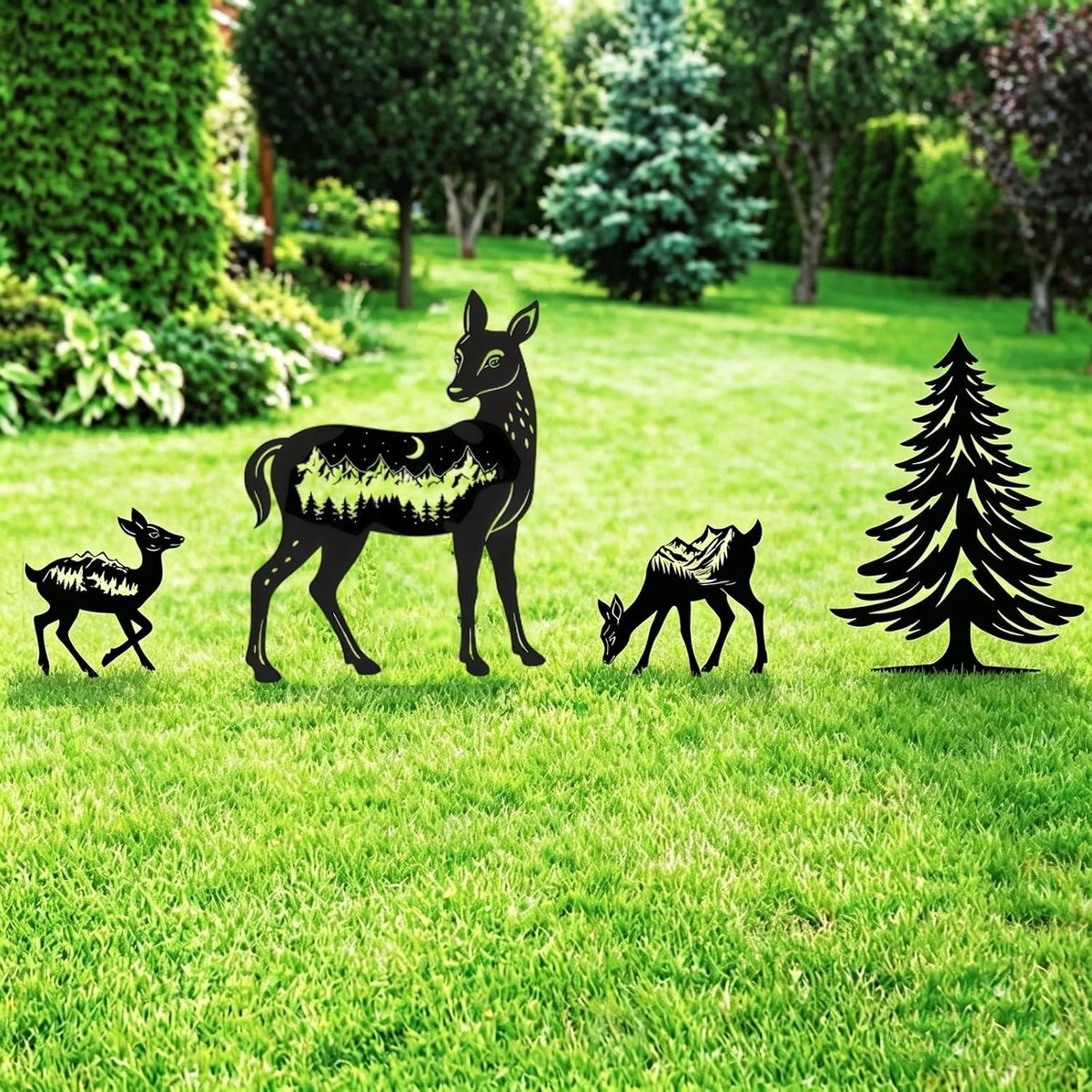 Boeddha beeld tuin - Set van 4 zwarte metalen tuinpalen - Decoratieve herten - Voor binnenplaats en tuin