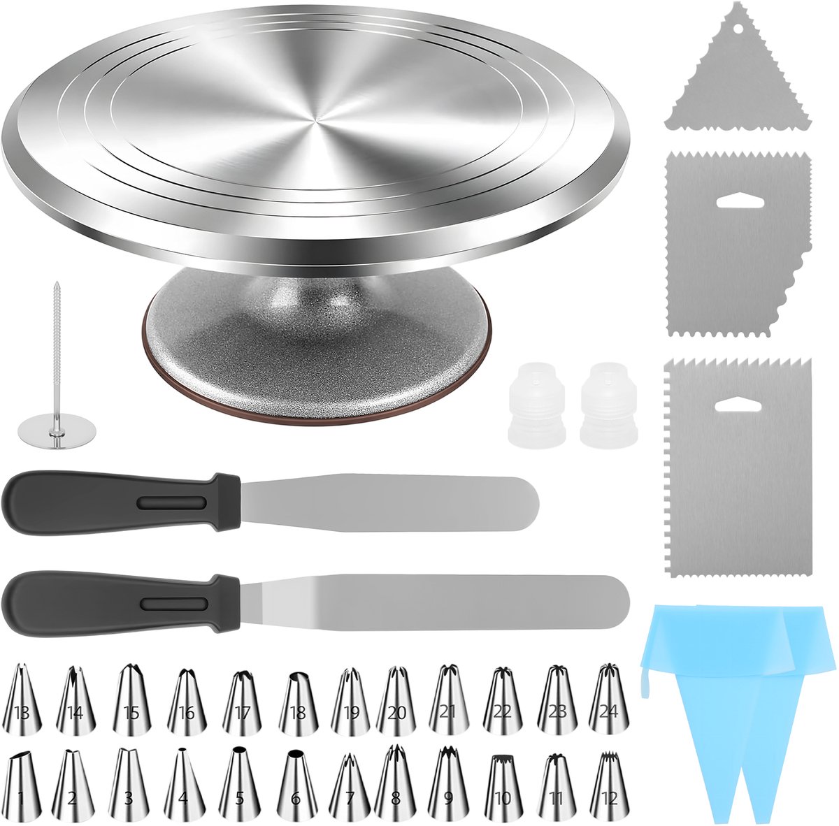 Mura Taart Decoratie Set - Taartstandaard - 30cm Draaischijf - 24 Spuitmondjes - 2 Spatels - Herbruikbare Spuitzak - RVS