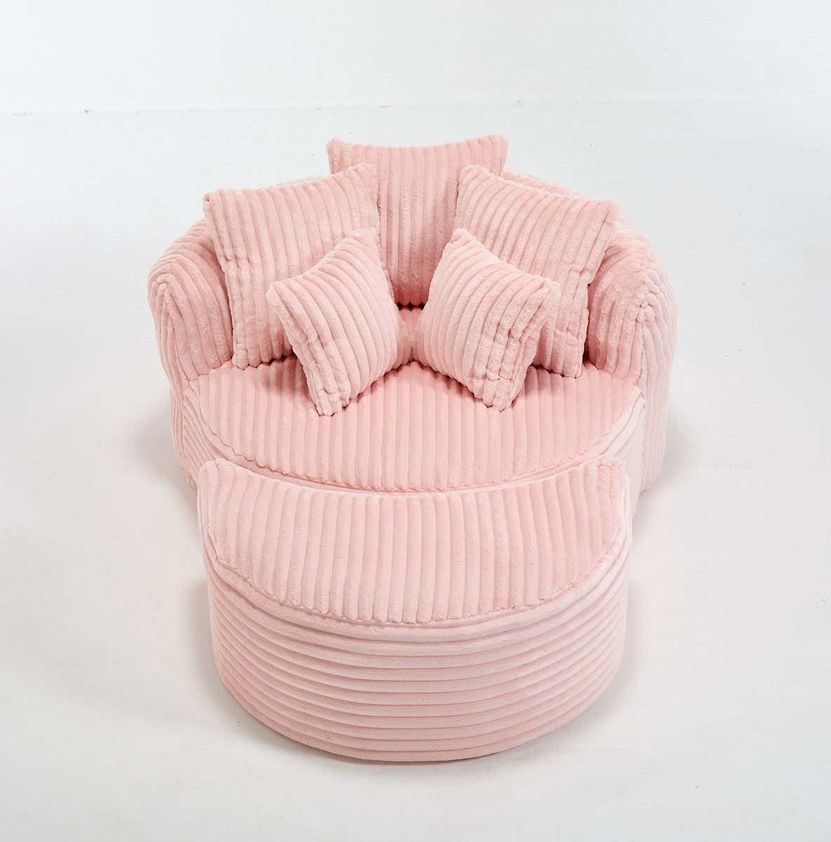 REDOM - Fauteuil - Extra grote ronde zitting - Met armleuningen en voetenbank - 5 kussens - Woonkamer en slaapkamer - Chenille - Roze - 168 x 123 x 63 cm