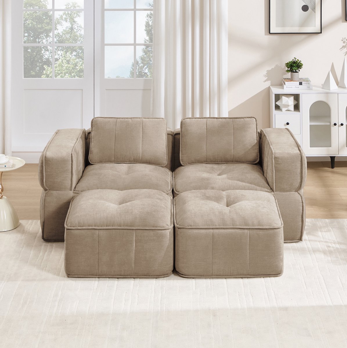 Wishdor Modulaire bank - 2-zits set met twee hockers - Diepe zit en zachte polyester bekleding - Voor woonkamer en appartement - Sand - 198 x 162 x 67 cm