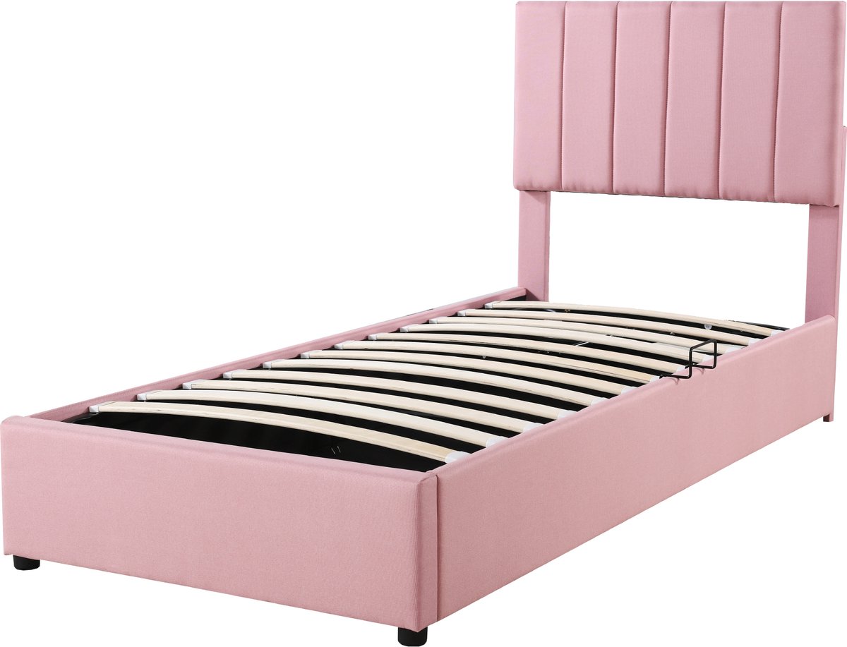 WUVRIE Kinderbed 90x200 cm met hydraulische opbergruimte en verstelbaar hoofdbord, roze