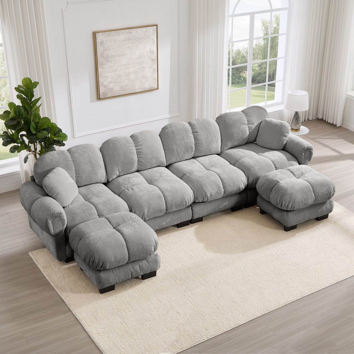 Wishdor U-bank - Vier zitplaatsen - Modulair met 2 verplaatsbare hockers - Woonkamer - Chenille - Lichtgrijs - 330 x 149 x 90 cm