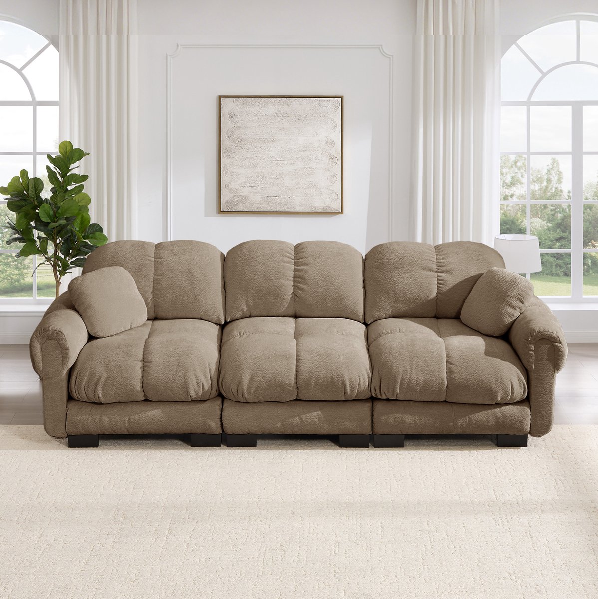 Wishdor 3-zits bank - Cloud sofa met 2 sierkussens - Gewatteerde zitkussens en afgeronde armleuningen - Chenille - Woonkamer volwassenen - Bruin - 260 x 86 x 90 cm