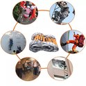 Collage van een opgerolde brandtrap, reddingswerkers en mensen die de ladder gebruiken in verschillende noodsituaties.