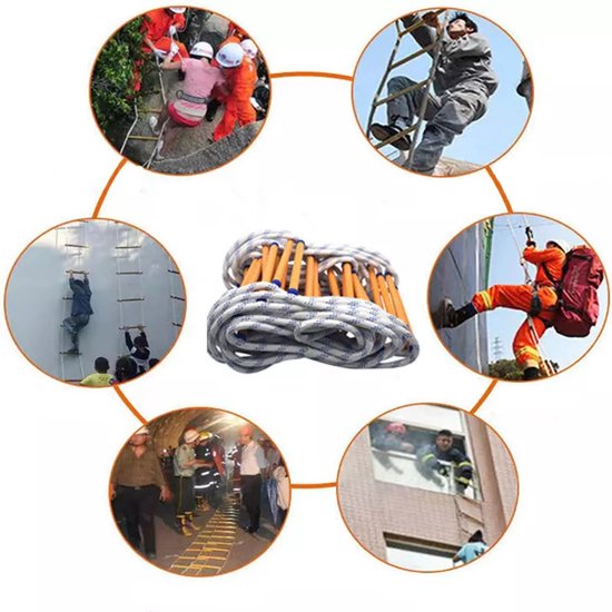 Collage van een opgerolde brandtrap, reddingswerkers en mensen die de ladder gebruiken in verschillende noodsituaties.