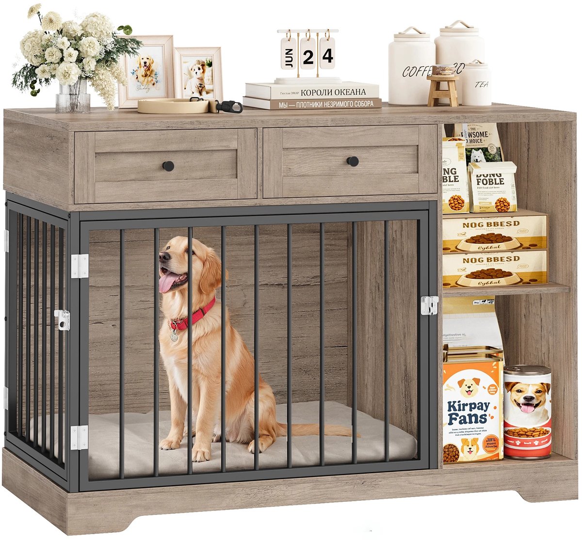 Veya Hondenhok - Hondenmand - Dressoir - Ruimtebesparend 2 in 1 - 2 deuren - 2 lades en opbergvakken - 120x60x87 cm - Grijsbruin