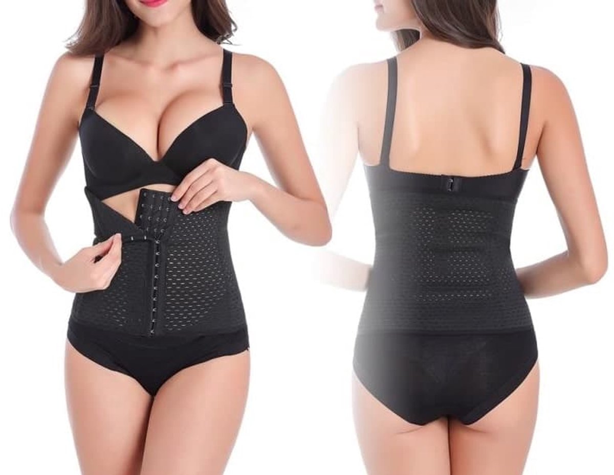 Zwarte corrigerende lingerie/tailleband om een zandloperfiguur te creëren.