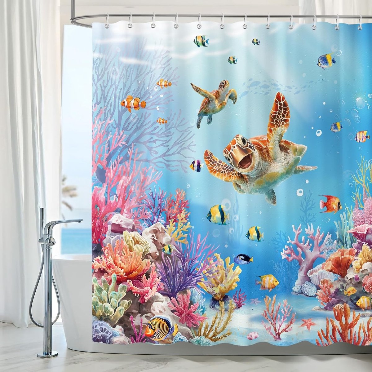 Tropische Zee Schildpad Douchegordijn met Koraal en Vissen, Waterdicht en Schimmelbestendig, 180x180cm, Inclusief 12 Haakjes