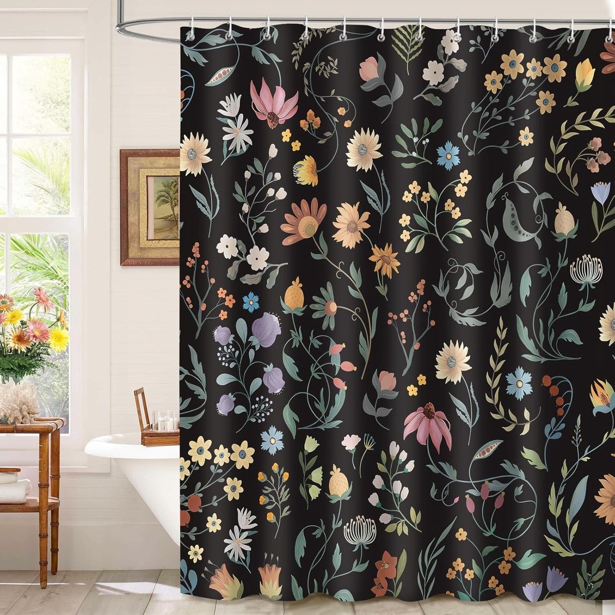 Zwarte Bloemen Douchegordijn, Boho Bloemen Badkamer Gordijn Waterdicht en Schimmelbestendig met 12 Haakjes, 180x180cm voor Stijlvolle Badkamers
