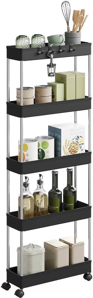 Klarven® Opbergwagen met wielen Zwart 5 etages 22cm - Compact en verplaatsbaar