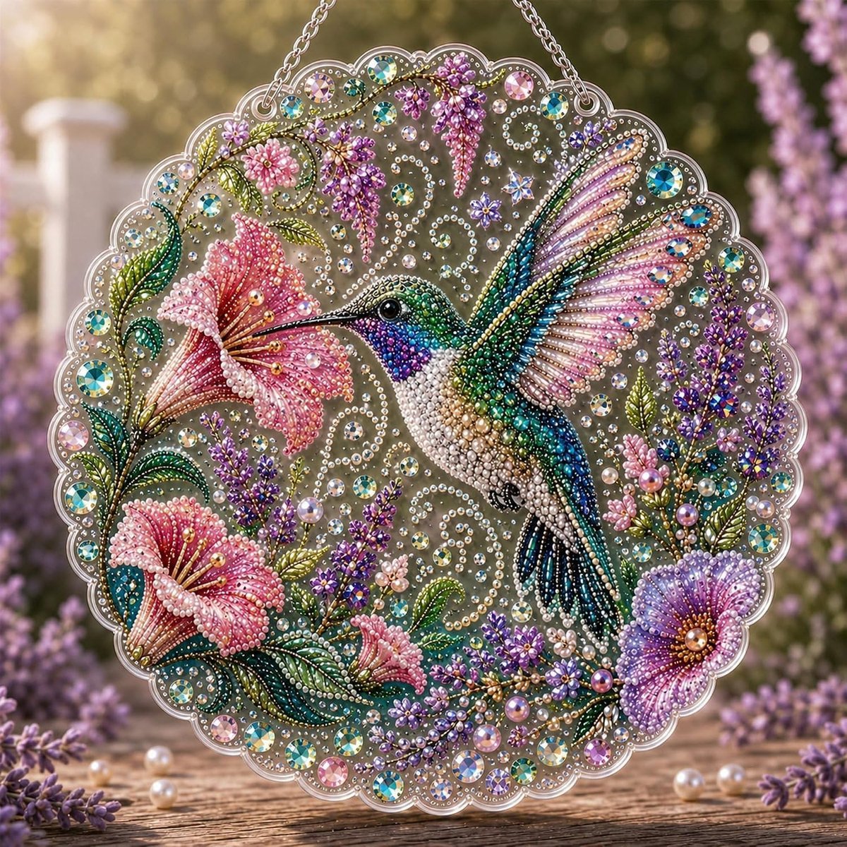 Casalora® Diamond Painting Kolibriehanger – 5D Acryl Vogeldecoratie – Kolibrie met Morning Glory – Enkelzijdige DIY Set met Parels en Speciale Vorm Diamantjes – Vogel Raamdecoratie – 25 × 25 cm