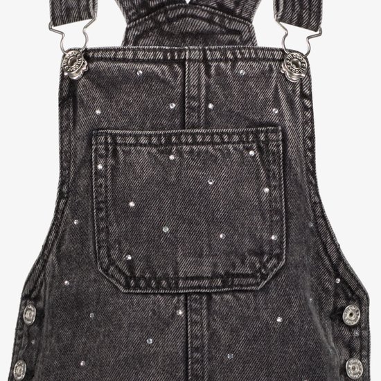 Grijze denim tuinjurk met strass steentjes, zak op de voorkant.