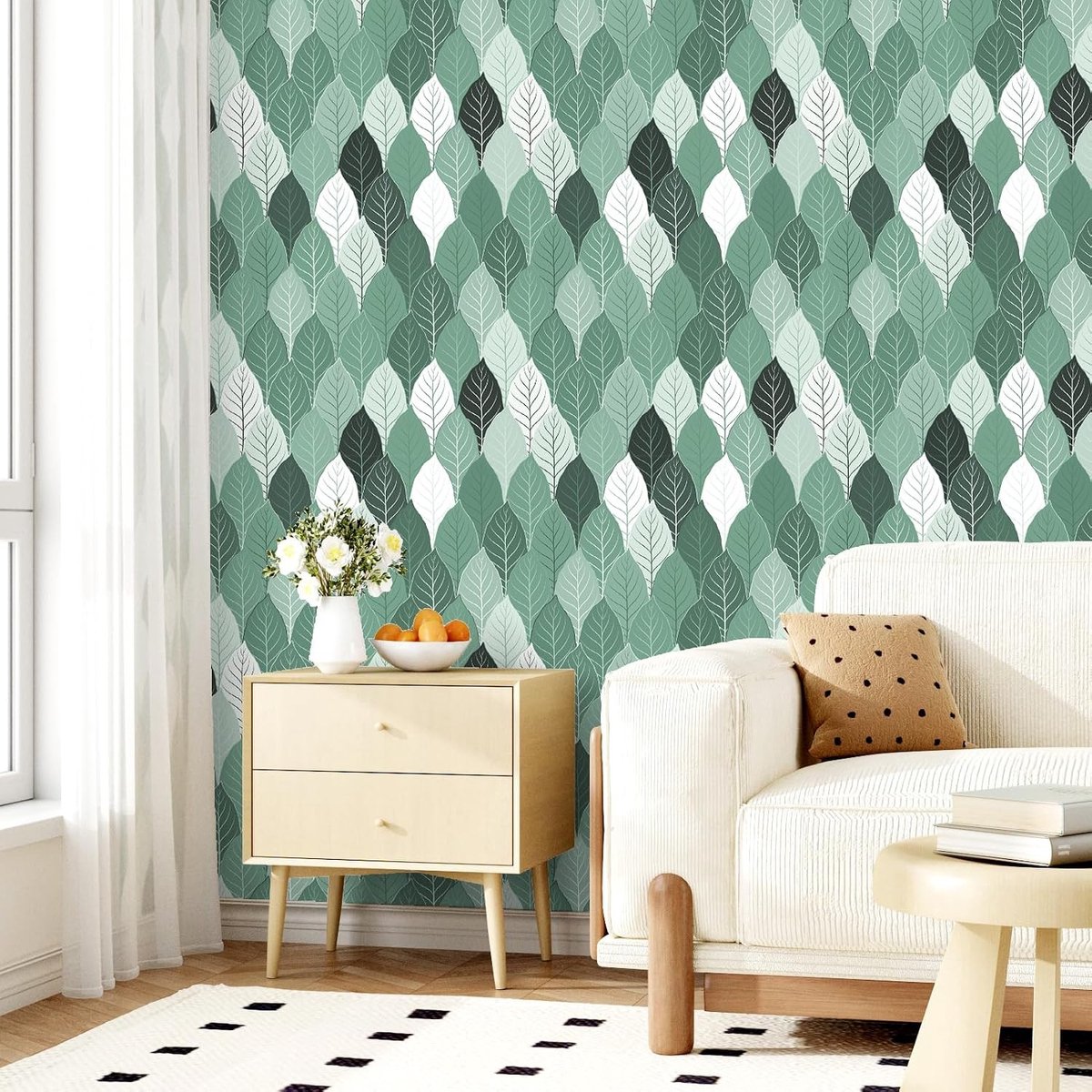 Vintage zelfklevend groen behang voor kinderen en woonkamer - Abstract bospatroon voor meubels en keuken, 44,5 x 300 cm