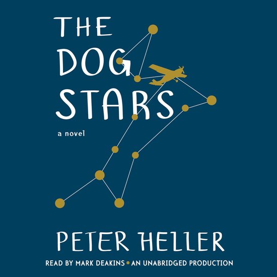 De cover van 'The Dog Stars' toont de titel met gouden sterren en een vliegtuigje, verbonden door lijnen.