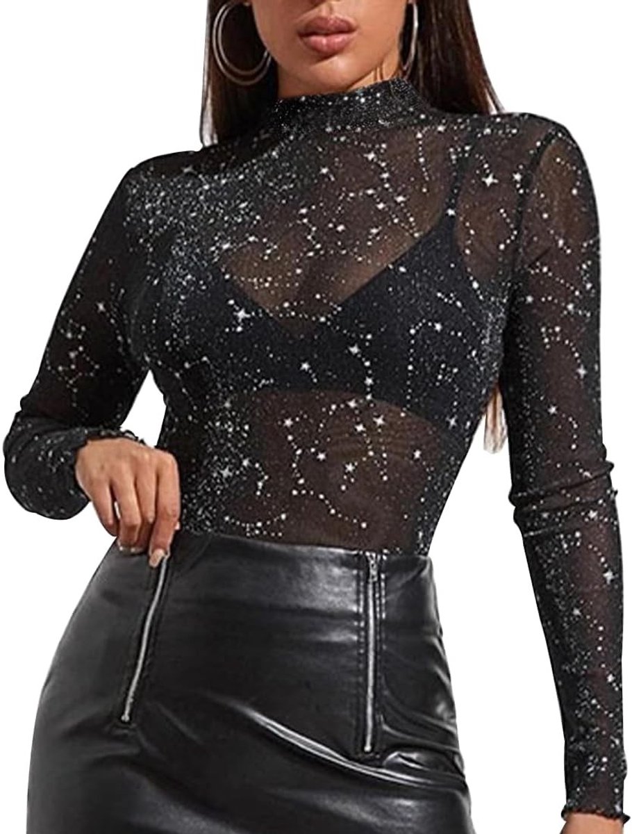 Transparant mesh shirt met glinsterende sterren, sexy nettop voor dames, lange mouwen, rond de hals, ideaal voor feestjes en carnaval