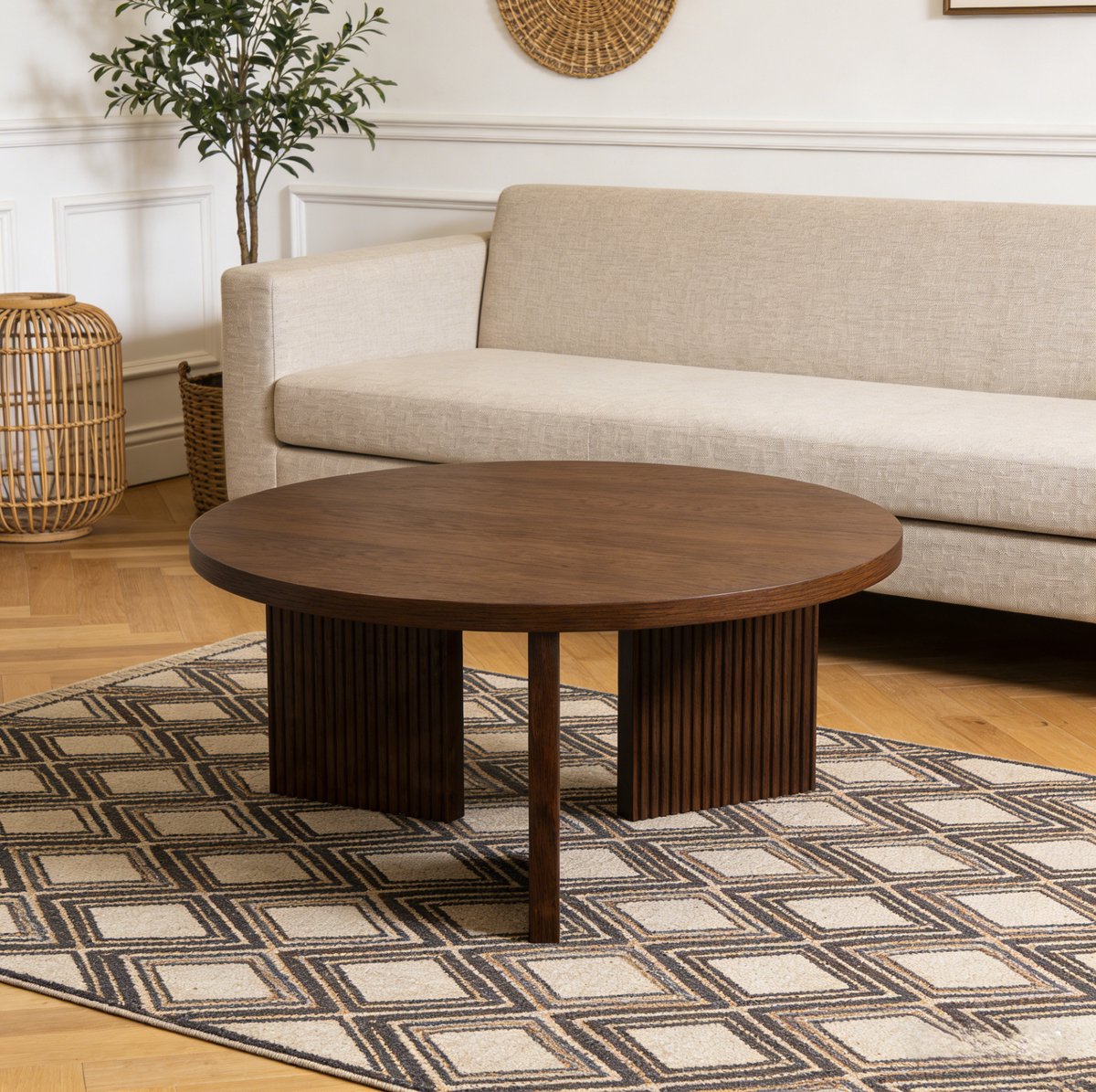Wishdor Salontafel - Rond ontwerp met verticale ribbels - Vaste constructie en onderhoudsvriendelijk - Modern - Woonkamer slaapkamer kantoor - MDF - Walnootbruin - Ø 80 x 38,5 cm