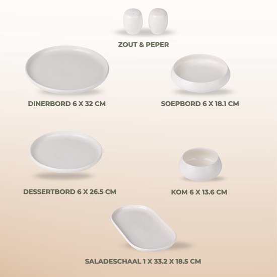OZ Home Bricard Aragon Serviesset 27-delig Wit - Porseleinen Servies voor 6 Personen - Organische Bordenset met Reliëf, Serveerschaal en Zout- & Peperstel — afbeelding 5