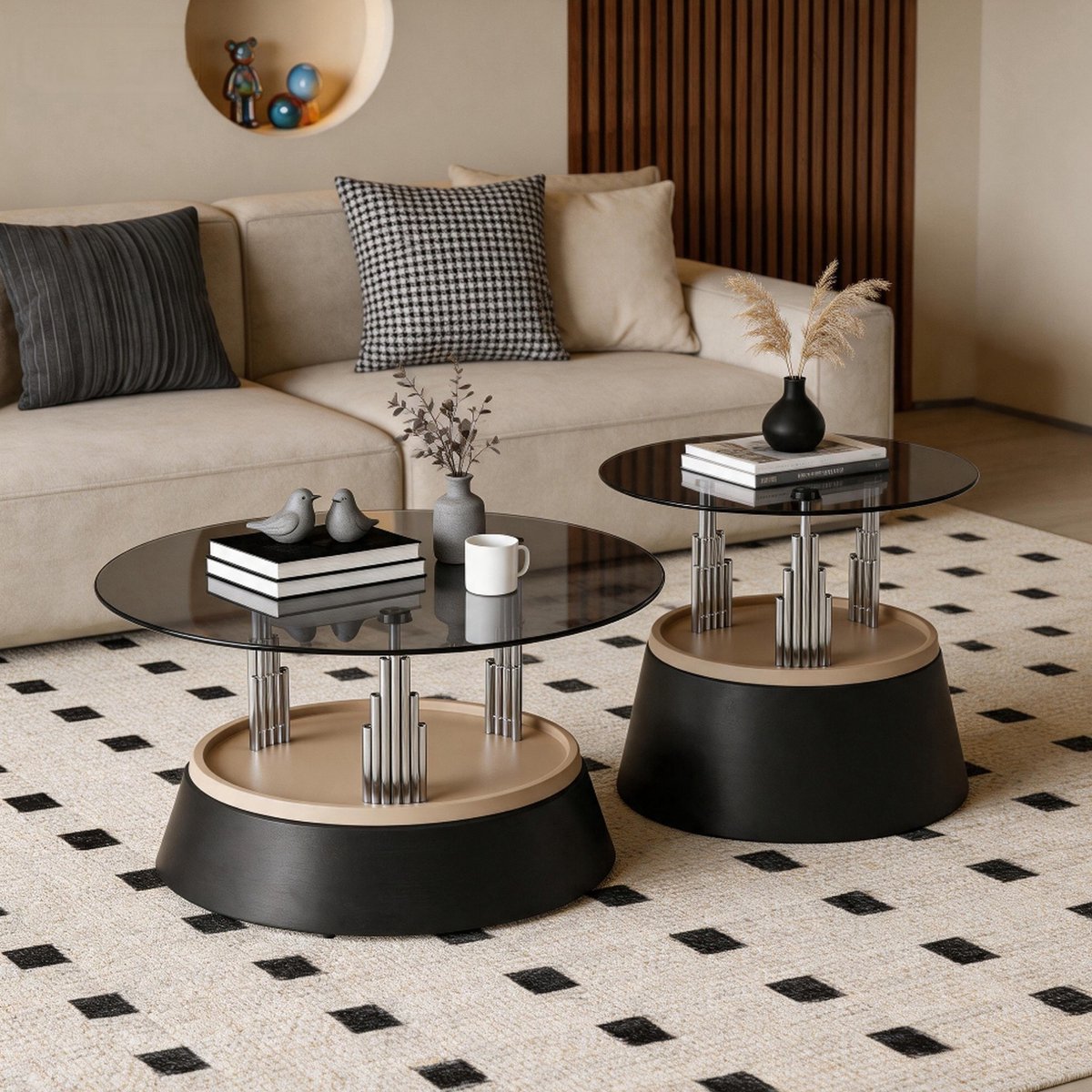 Wishdor Couchtischset - Rond en ruimtebesparend - 2-delig nestend ontwerp - Modern - Woonkamer - Gehard glas en metaal - Zwart - Ø 70 cm