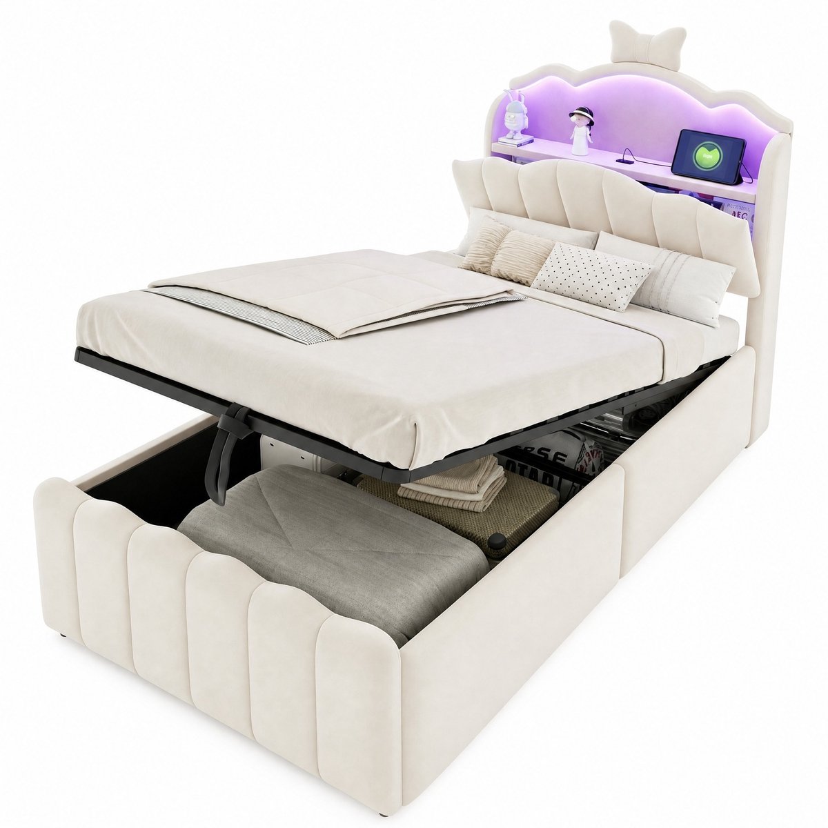 WUVRIE Kinderbed 90x200 cm met hydraulische opbergruimte, LED-kopbord en USB-C, beige