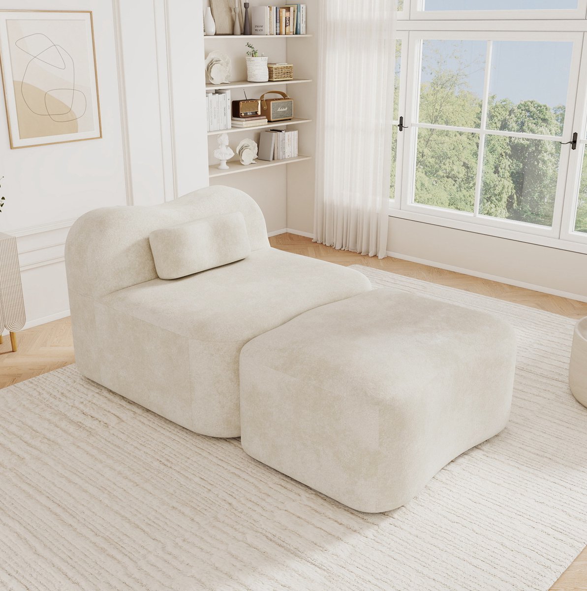 STILVORA Zitbank 1-Zits Modulaire Frameloze Bank Met Ottoman En Verplaatsbaar Kussen Voor Woonkamer Appartement En Slaapkamer Velvet Beige