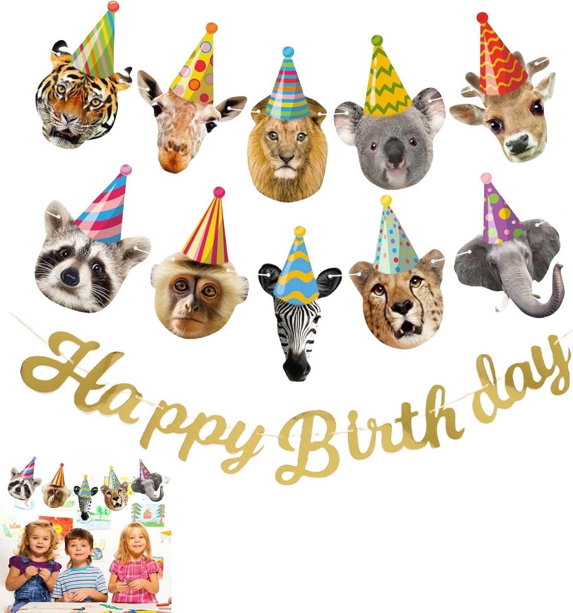 Jungle Themaparty Versieringen - 2 Delen Dierenbanner en Gelukkige Verjaardagsgarland, Safari Decoratie met Leeuw, Olifant en Giraf voor Kinderfeestjes en Themafeesten