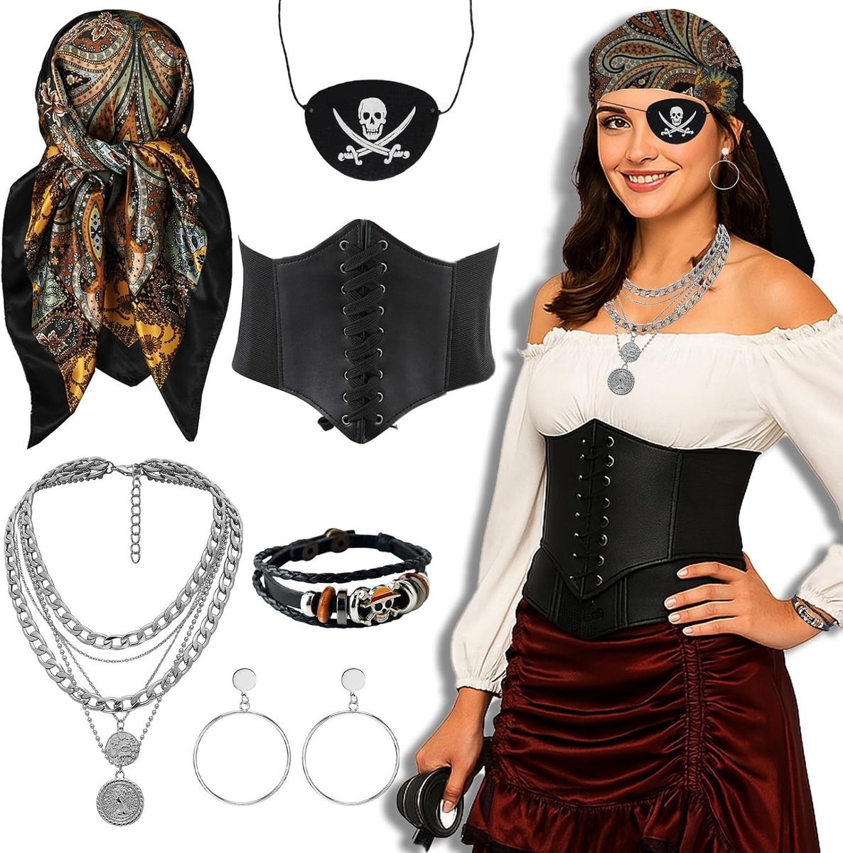 Piratenkostuum Accessoires voor Vrouwen: Hoofddoek, Sash, Riem, Oorbellen en Ooglap voor Halloween en Feestjes