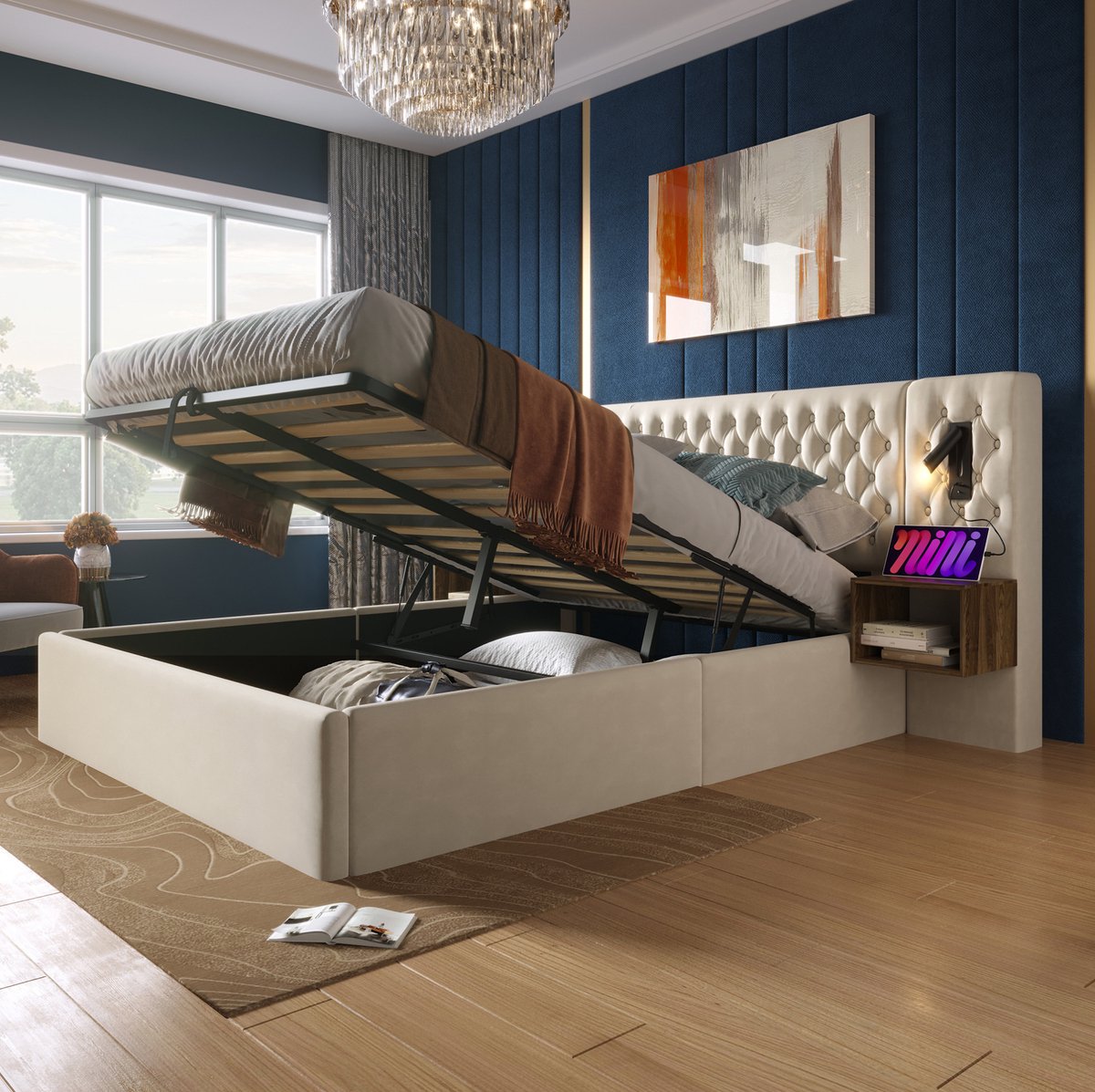 STILVORA Bed 180x200cm – Bedframe Met Opbergruimte En Verlichting – Hydraulisch Systeem – Met Nachtkastjes – Voor Volwassenen – Velours – Beige – Zonder Matras