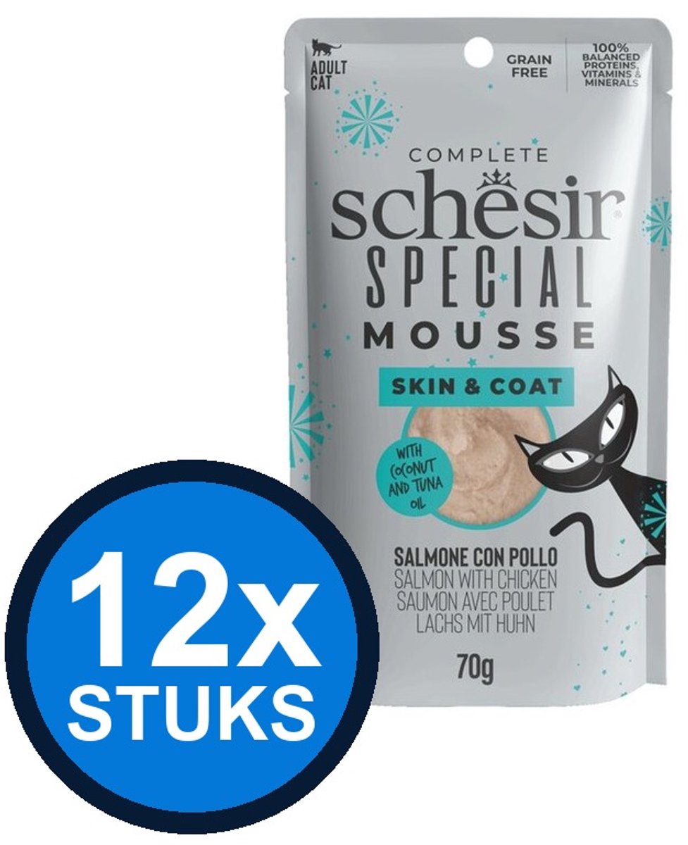 12x Schesir Special Skin & Coat Mousse - Zalm & Kip - Kattenvoer Natvoer - 70g