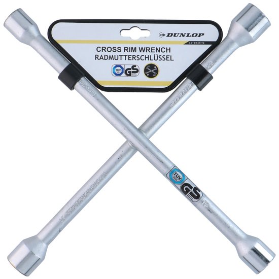 Zilverkleurige Dunlop kruissleutel (Radmutterschlüssel) met 4 maten, inclusief 17, 19, 21 en 23mm doppen.