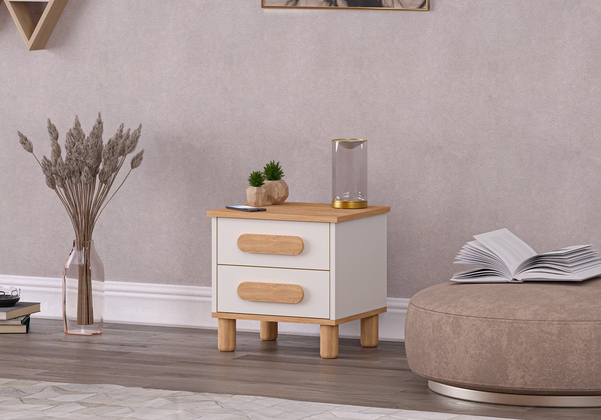 MILA NACHTKASTJE – WIT EIKEN – Nachtkastje – Nachtkastje met 2 Laden – Bedtafel – Bijzettafel – Slaapkamermeubel – Opbergmeubel – Nachtkastje voor Bed – Moderne Kast – Opbergruimte – Nachtkastje met Laden – Compact Slaapkamermeubel – Opbergkast