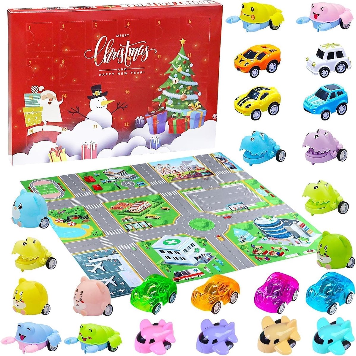 Adventskalender met 24 Mini Speelgoedauto's, Trekauto's, Perfect voor Kerst en Verjaardagen