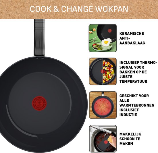 Poêle wok Tefal noire avec logo T rouge, revêtement antiadhésif céramique, thermo-signal et compatible induction.