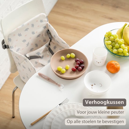 Nattou Foody Opvouwbare Stoelverhoger voor Eetkamerstoel - Waterafstotende Zitverhoger met Veiligheidsgordel - Ecru met Olifanten — afbeelding 5