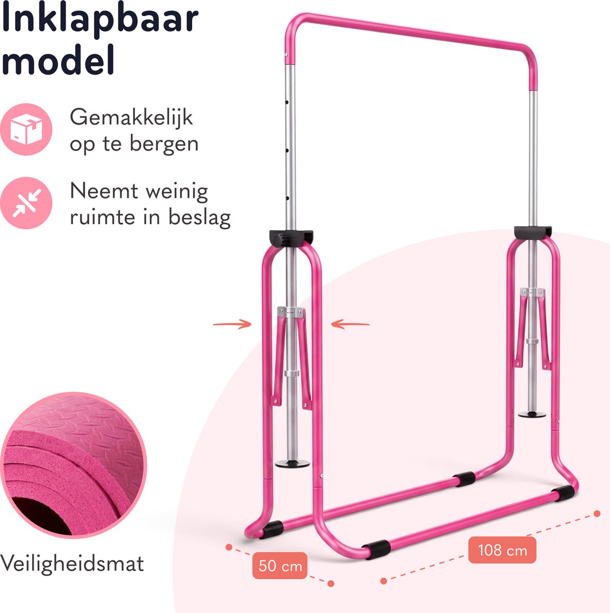 Jespro Inklapbaar Turnrek - Incl. Beschermmat en Ringen - Klimrek - Verstelbaar in 4 hoogtes - Rekstok - Duikelrek - Kinderen - Peuter - Voor buiten en binnen - Klimboog - Roze — afbeelding 6