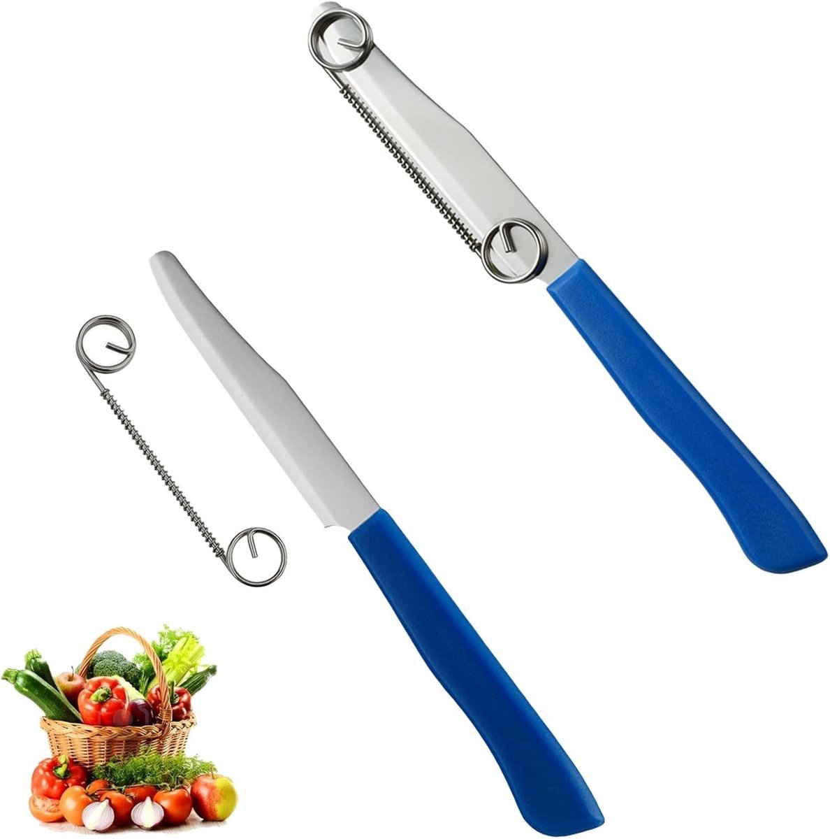 Set van 2 multifunctionele 3-in-1 messen voor snel snijden van fruit en groenten, verstelbare veer en ideaal voor keukenwerk en creatieve culinaire toepassingen