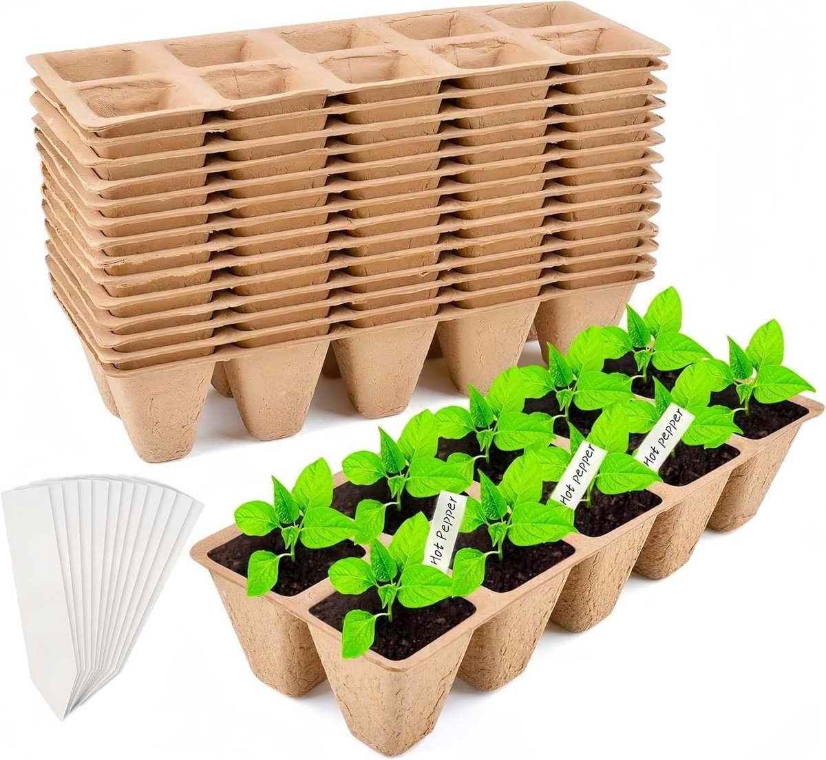 Biologisch afbreekbare kweekpotten voor 240 zaailingen, vierkante groeibakken met labels en 24 kweekplaten, ideaal voor tuinieren en plantenvermeerdering