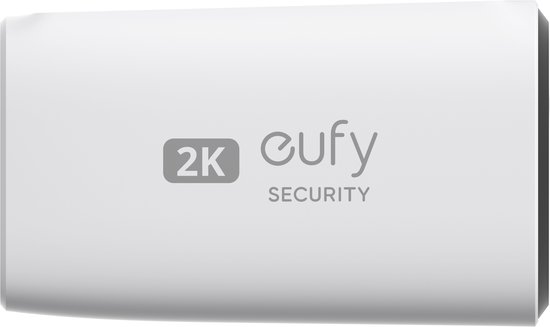 Witte Eufy S220 beveiligingscamera met '2K Eufy SECURITY' logo.