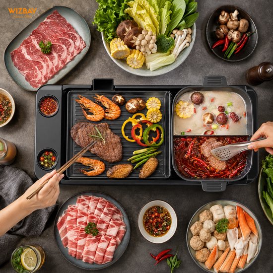 WizBay Premium Select® 3 in 1 Dual Aziatische Shabu HotPot - Hot pot - Funcooking - 2 Bouillon Gedeelte - Afneembare Pan en Grill - Gourmetten - Fondue - 6 tot 8 personen - 2200W - Anti Aanbak Laag - 70cm Lang — afbeelding 3