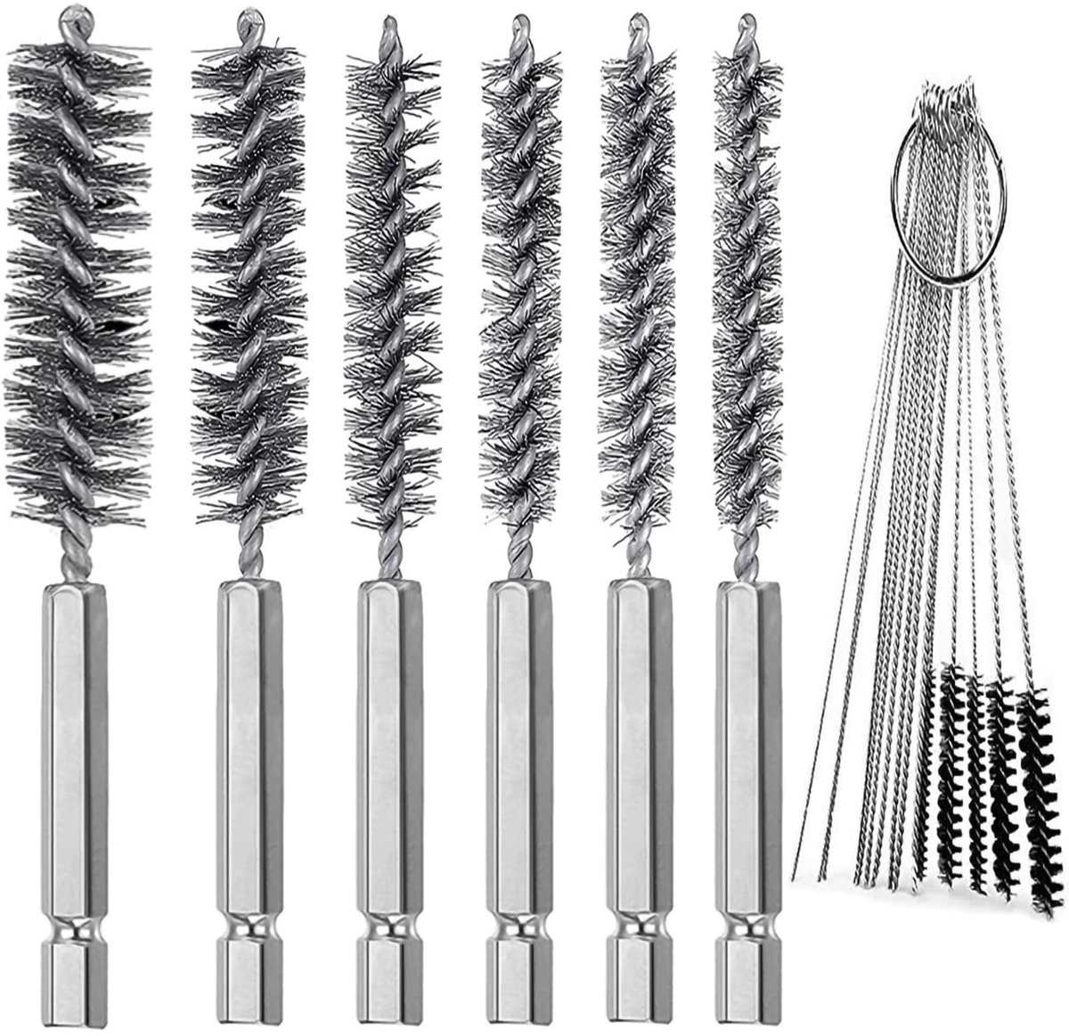 Set van 6 RVS Borstels in Diverse Maten + 15 Nylon Reinigingsnaalden, Gevlochten Draadborstel met 1/4 Inch Handvat voor Tubes en Lagers, Ideaal voor Onderhoud en Reiniging